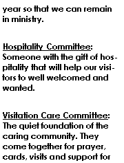 Text Box: year so that we can remain in ministry.
Hospitality Committee: Someone with the gift of hospitality that will help our visitors to well welcomed and wanted.
Visitation Care Committee: The quiet foundation of the caring community. They come together for prayer, cards, visits and support for 